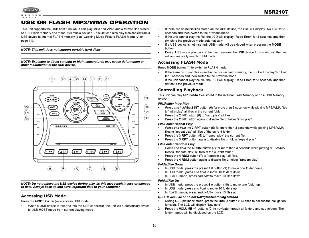 Jensen MSR2107 operation manual USB or Flash MP3/WMA Operation, Accessing Flash Mode, Accessing USB Mode 