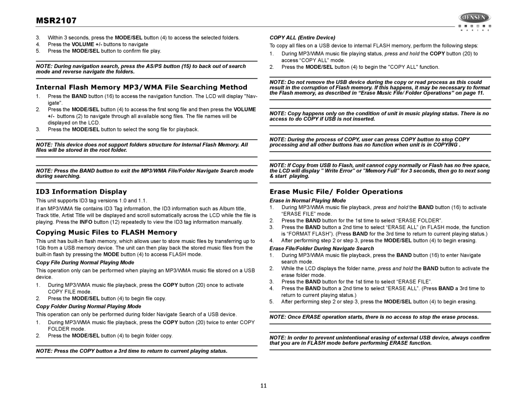 Jensen MSR2107 operation manual Internal Flash Memory MP3/WMA File Searching Method, ID3 Information Display 