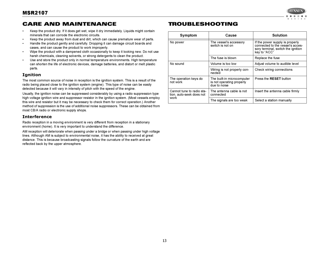 Jensen MSR2107 operation manual Care and Maintenance Troubleshooting, Ignition, Interference 