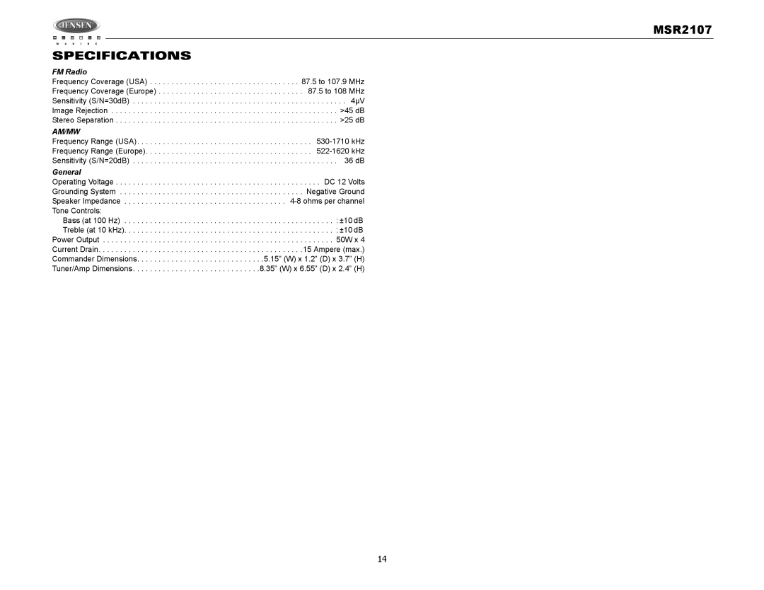 Jensen MSR2107 operation manual Specifications, FM Radio, General 