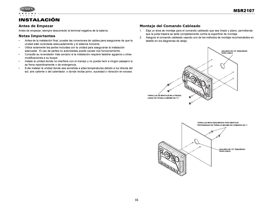 Jensen MSR2107 operation manual Instalación, Antes de Empezar, Notas Importantes, Montaje del Comando Cableado 