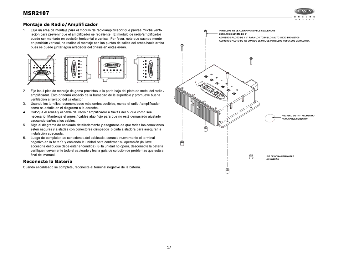 Jensen MSR2107 operation manual Montaje de Radio/Amplificador, Reconecte la Batería 