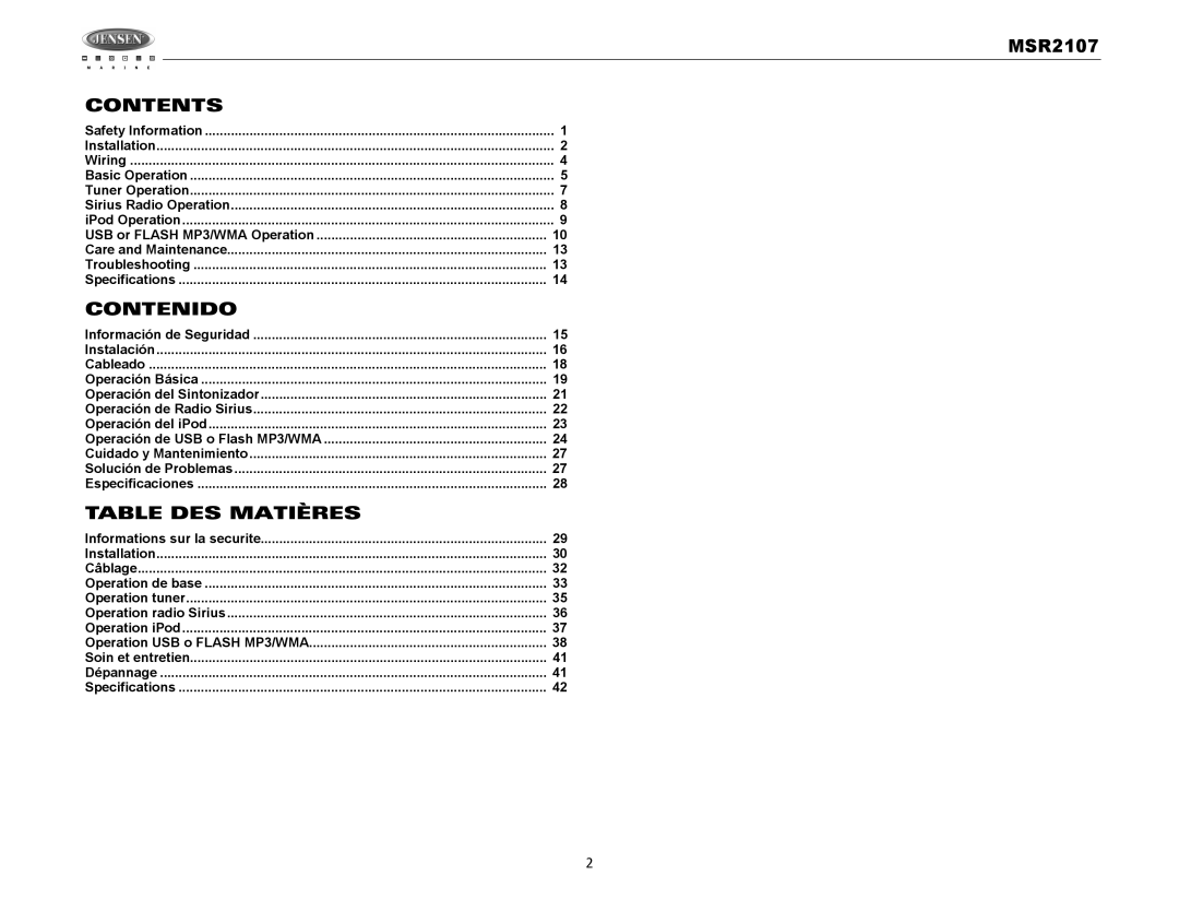 Jensen MSR2107 operation manual Contents, Contenido, Table DES Matières 