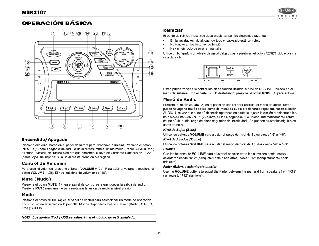 Jensen MSR2107 operation manual Operación Básica 