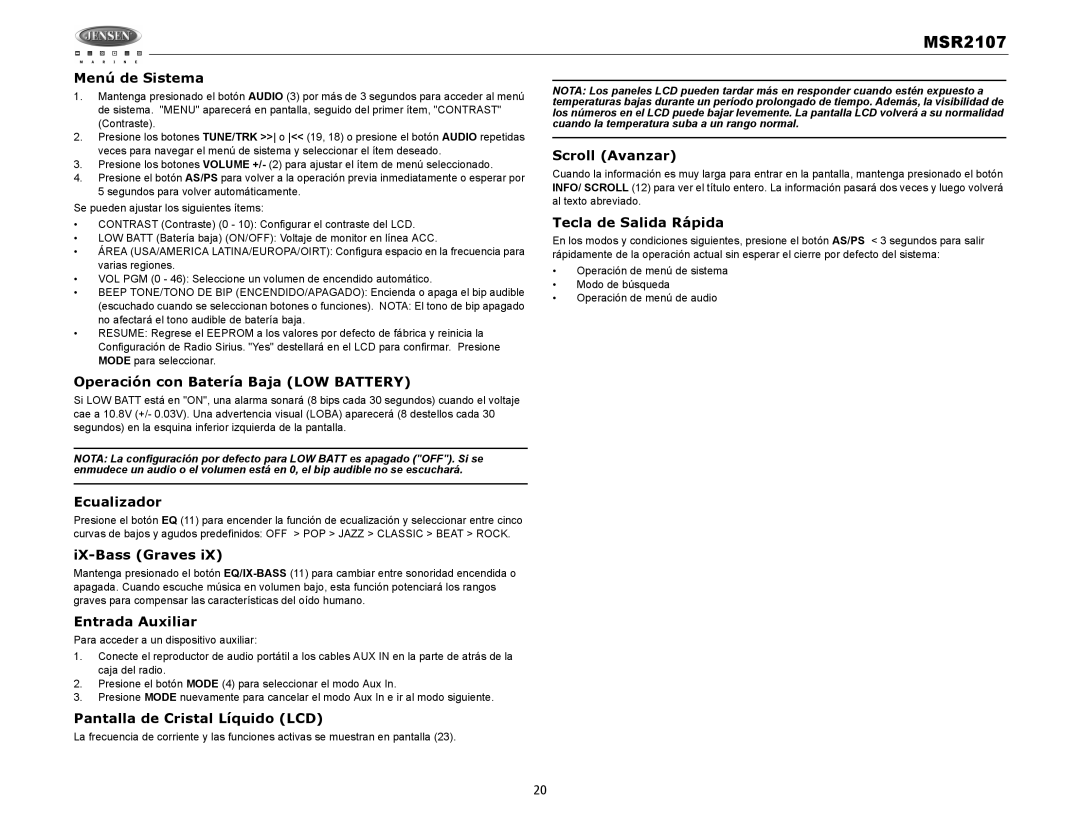 Jensen MSR2107 Menú de Sistema, Scroll Avanzar, Tecla de Salida Rápida, Operación con Batería Baja LOW Battery 