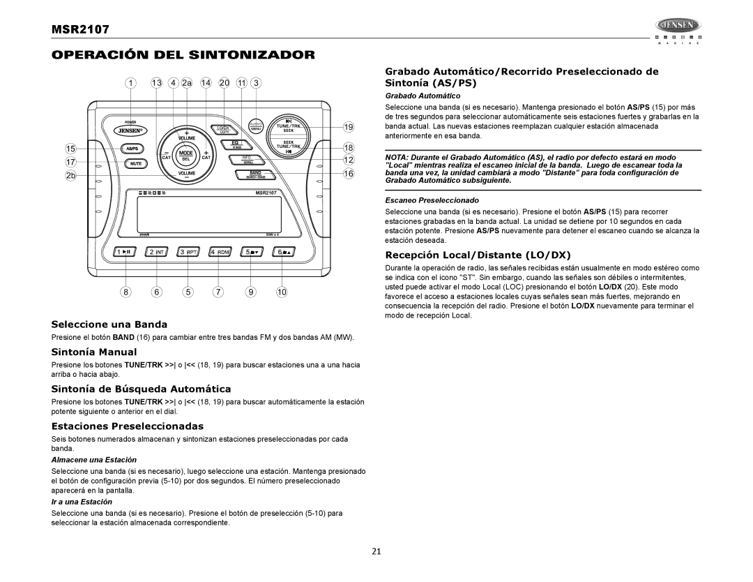 Jensen MSR2107 operation manual Operación DEL Sintonizador 