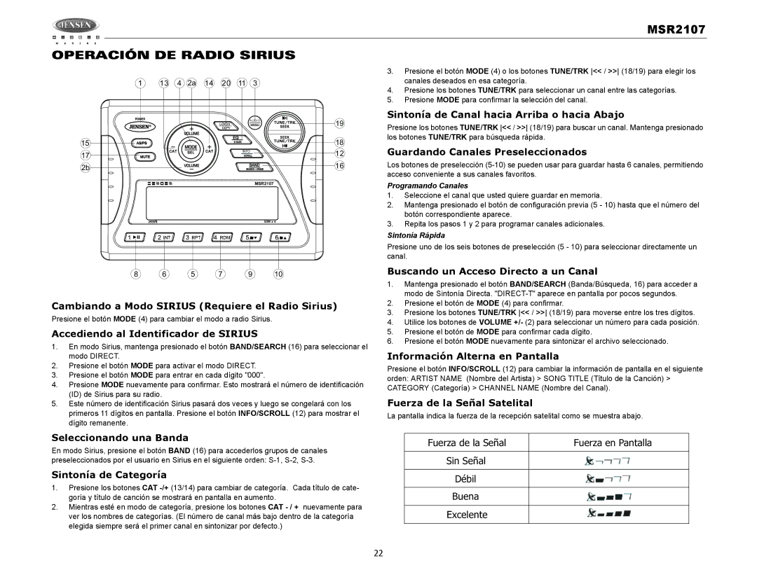 Jensen MSR2107 operation manual Operación DE Radio Sirius 
