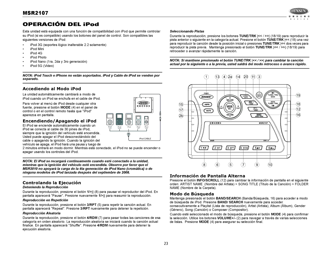 Jensen MSR2107 Accediendo al Modo iPod, Controlando la Ejecución, Información de Pantalla Alterna, Modo de Búsqueda 