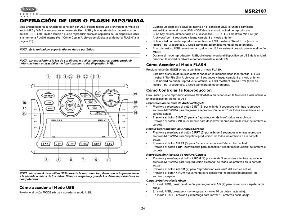 Jensen MSR2107 Operación DE USB O Flash MP3/WMA, Cómo Acceder al Modo Flash, Cómo Controlar la Reproducción 