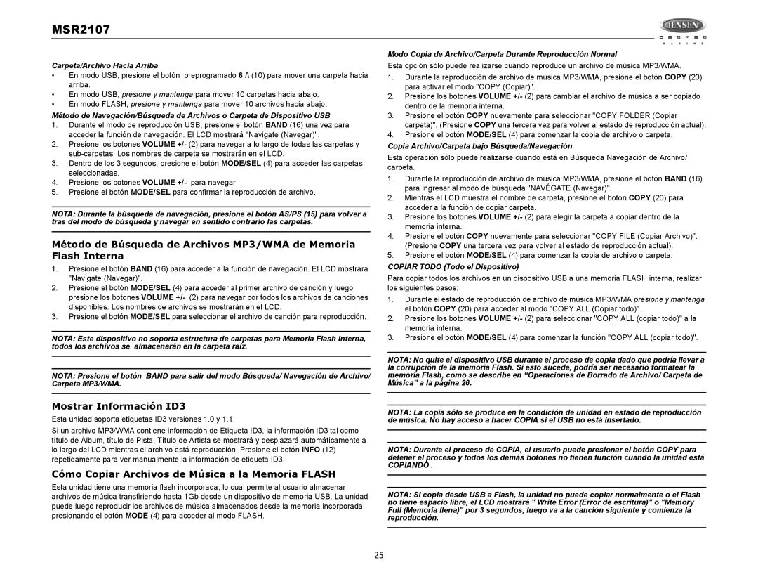 Jensen MSR2107 operation manual Mostrar Información ID3, Cómo Copiar Archivos de Música a la Memoria Flash 