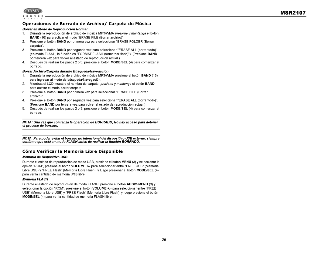 Jensen MSR2107 Operaciones de Borrado de Archivo/ Carpeta de Música, Cómo Verificar la Memoria Libre Disponible 