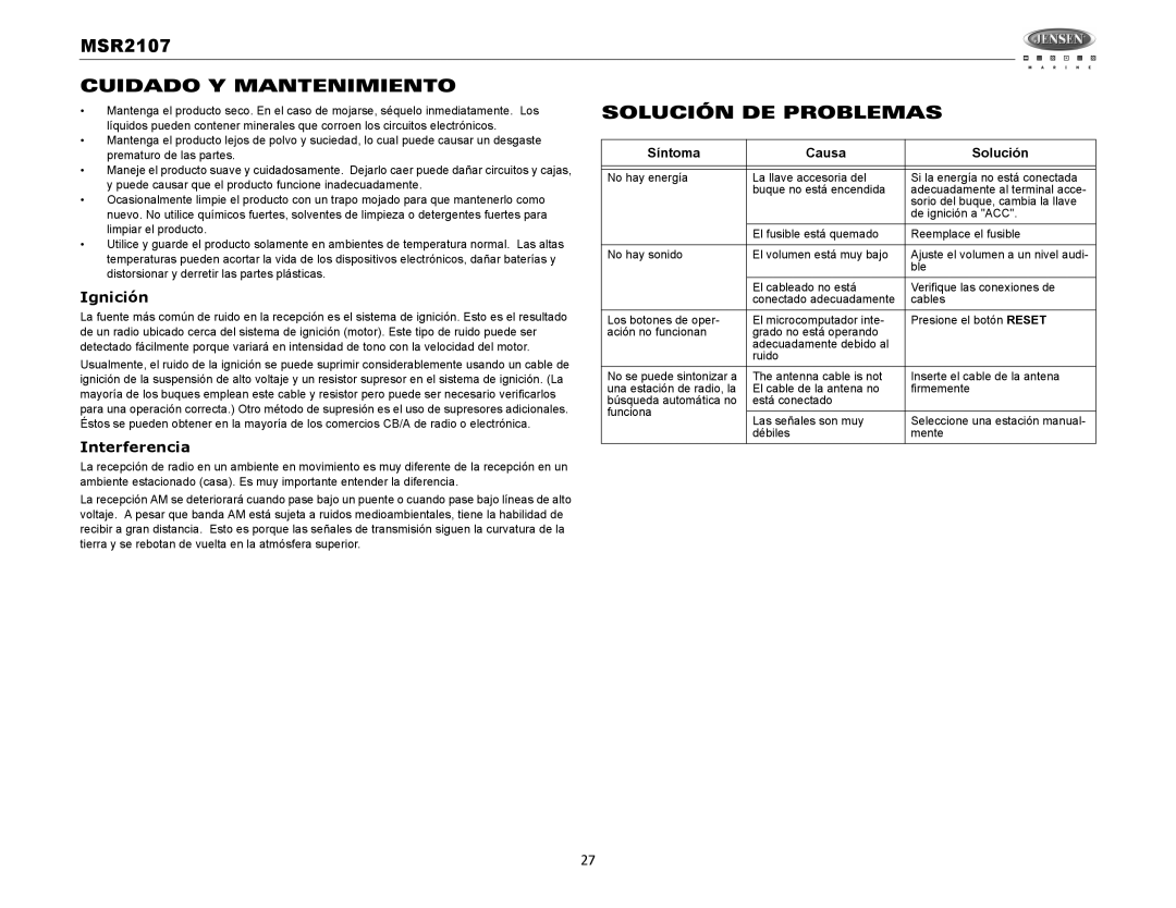 Jensen MSR2107 operation manual Cuidado Y Mantenimiento, Solución DE Problemas, Ignición, Interferencia 