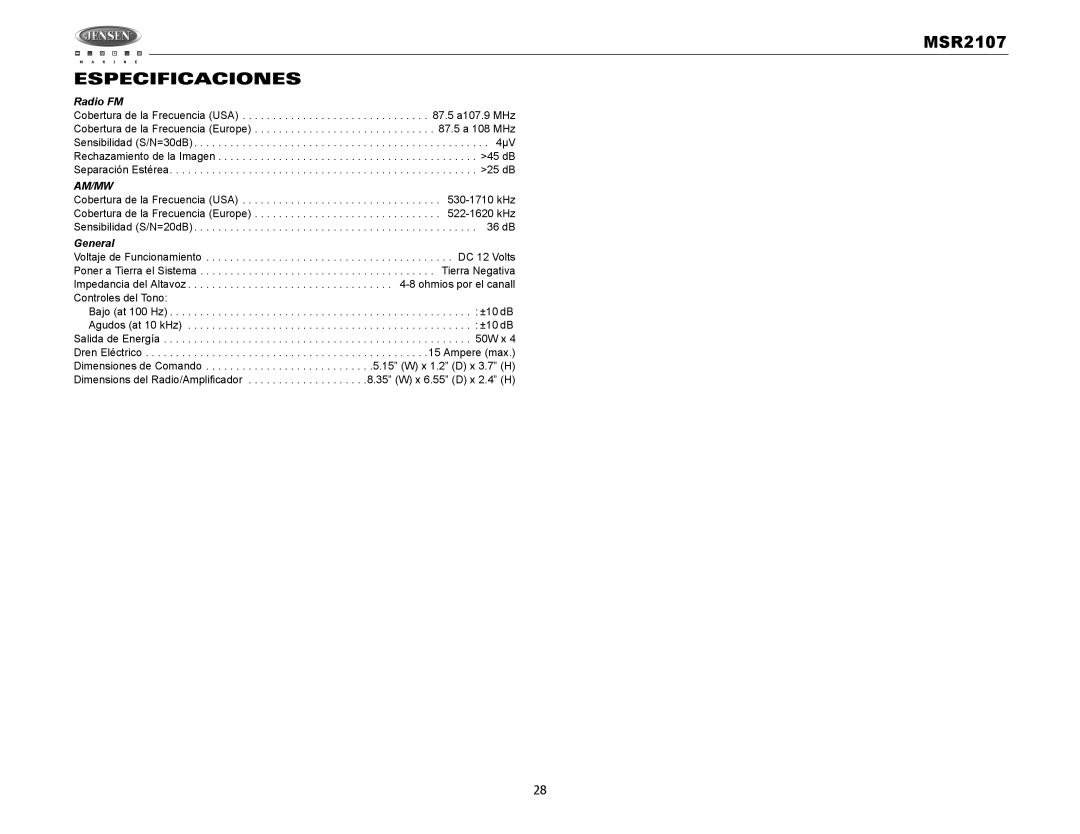 Jensen MSR2107 operation manual Especificaciones, Radio FM 