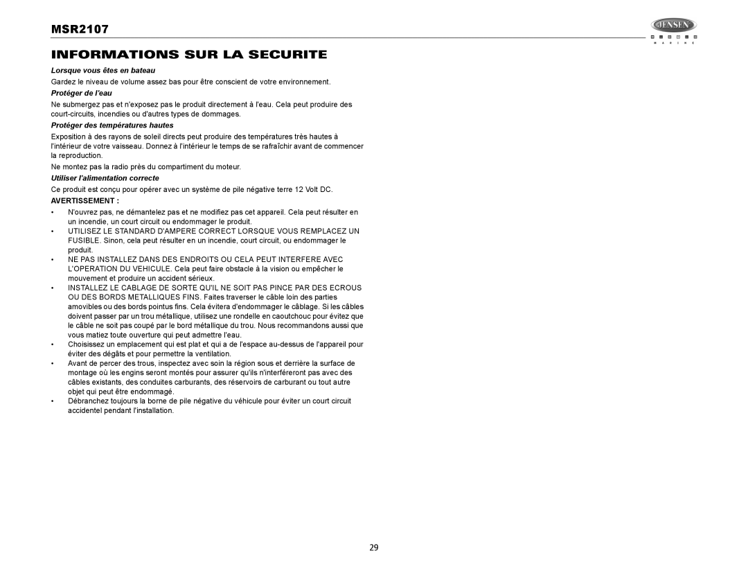 Jensen MSR2107 operation manual Informations SUR LA Securite, Lorsque vous êtes en bateau, Protéger de leau 