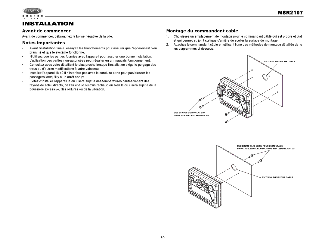 Jensen MSR2107 operation manual Avant de commencer, Montage du commandant cable 