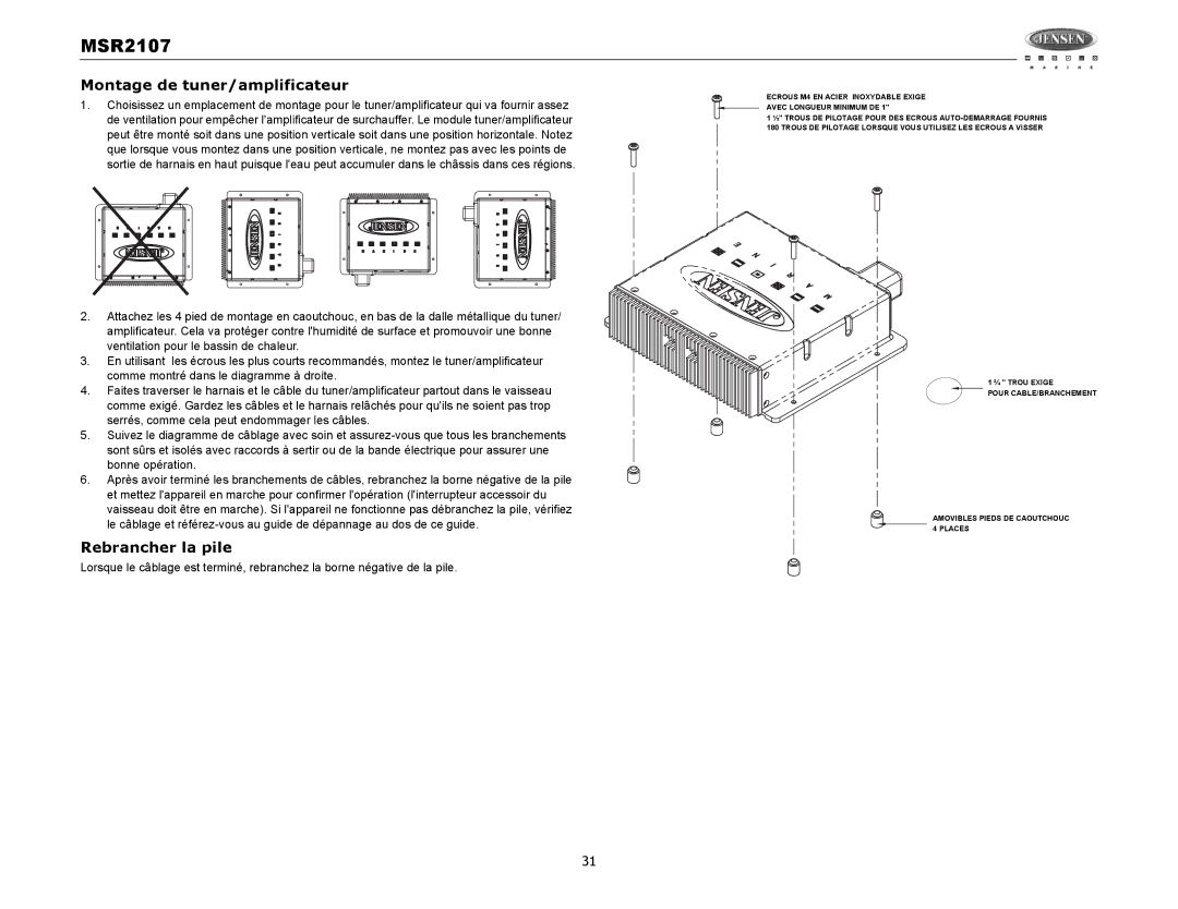 Jensen MSR2107 operation manual Montage de tuner/amplificateur, Rebrancher la pile 