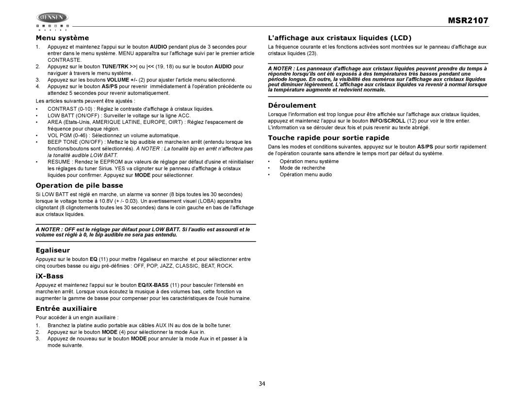 Jensen MSR2107 Menu système, Laffichage aux cristaux liquides LCD, Déroulement, Touche rapide pour sortie rapide 