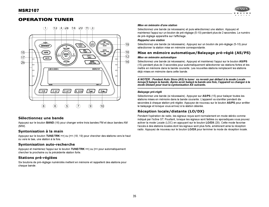 Jensen MSR2107 operation manual Operation Tuner 