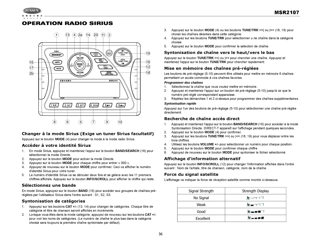 Jensen MSR2107 operation manual Operation Radio Sirius 