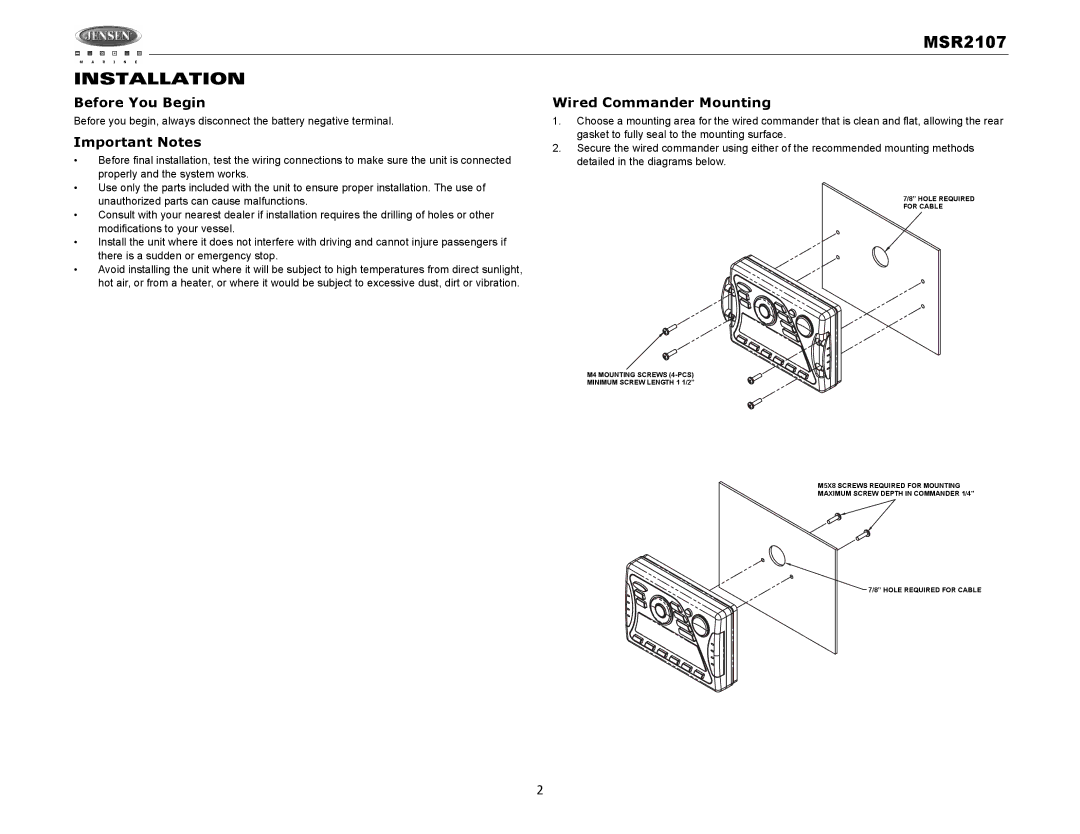 Jensen MSR2107 operation manual Installation, Before You Begin, Important Notes, Wired Commander Mounting 