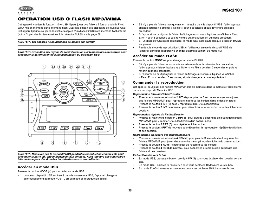 Jensen MSR2107 Operation USB O Flash MP3/WMA, Accéder au mode Flash, Commander la reproduction, Accéder au mode USB 