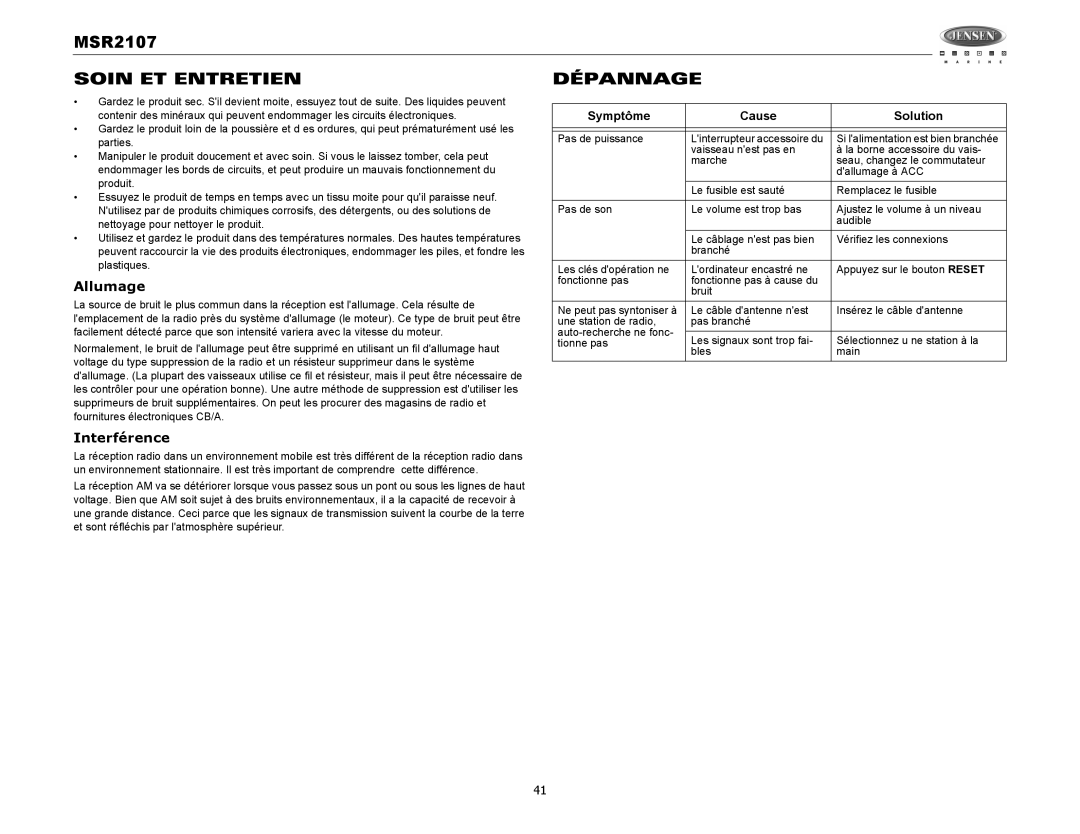 Jensen MSR2107 operation manual Soin ET Entretien Dépannage, Allumage, Interférence 
