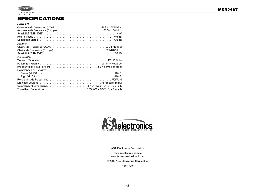 Jensen MSR2107 operation manual Specifications, Généralités 