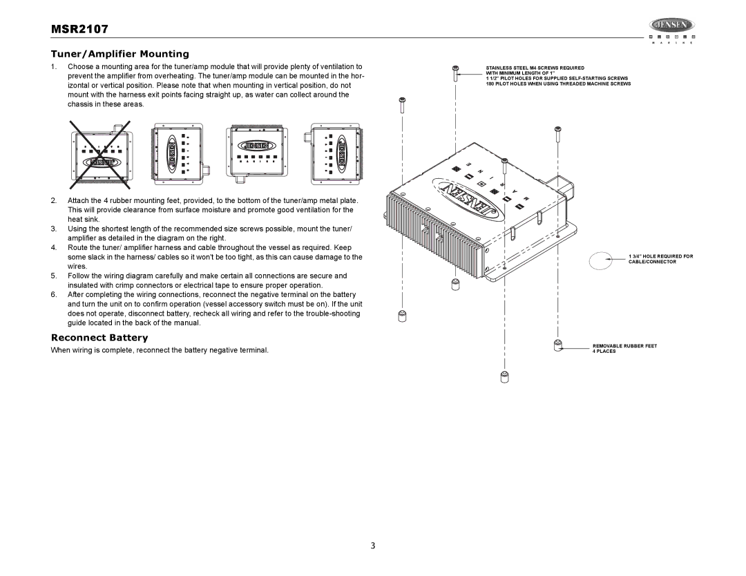 Jensen MSR2107 operation manual Tuner/Amplifier Mounting, Reconnect Battery 