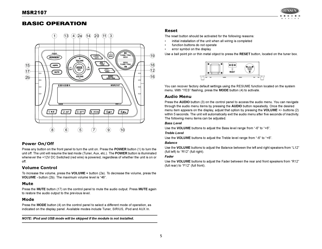 Jensen MSR2107 operation manual Basic Operation 