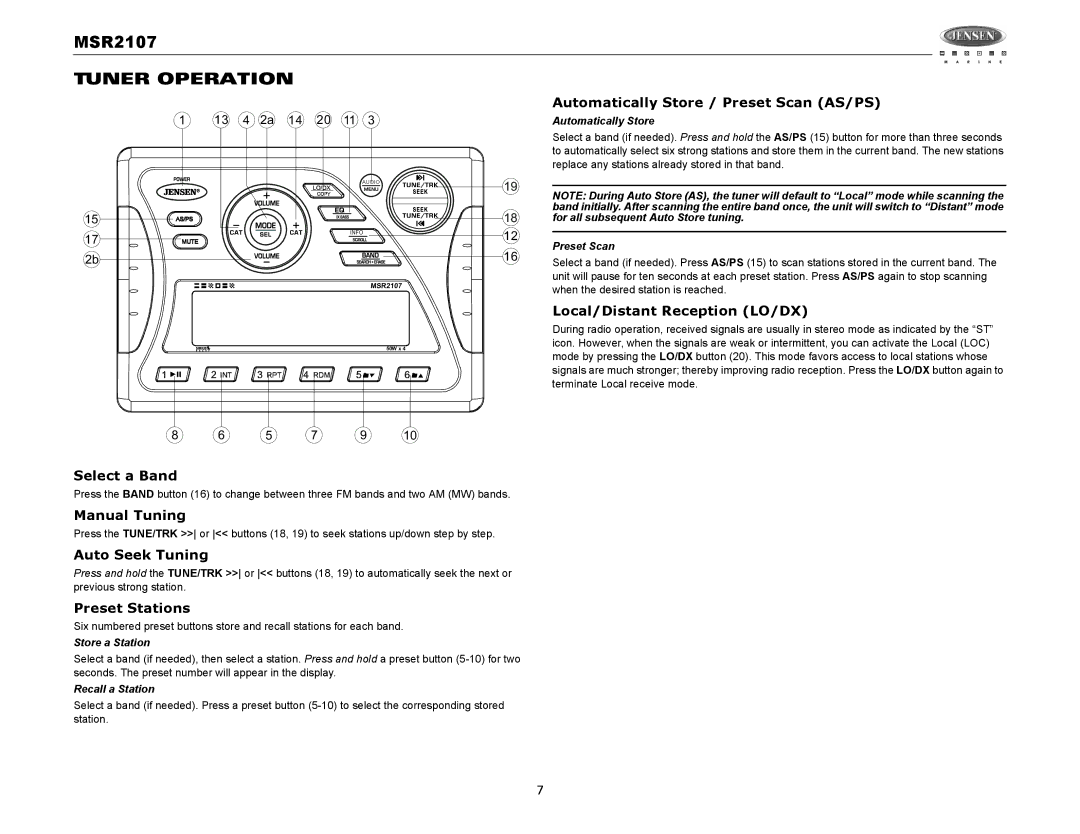 Jensen MSR2107 operation manual Tuner Operation 