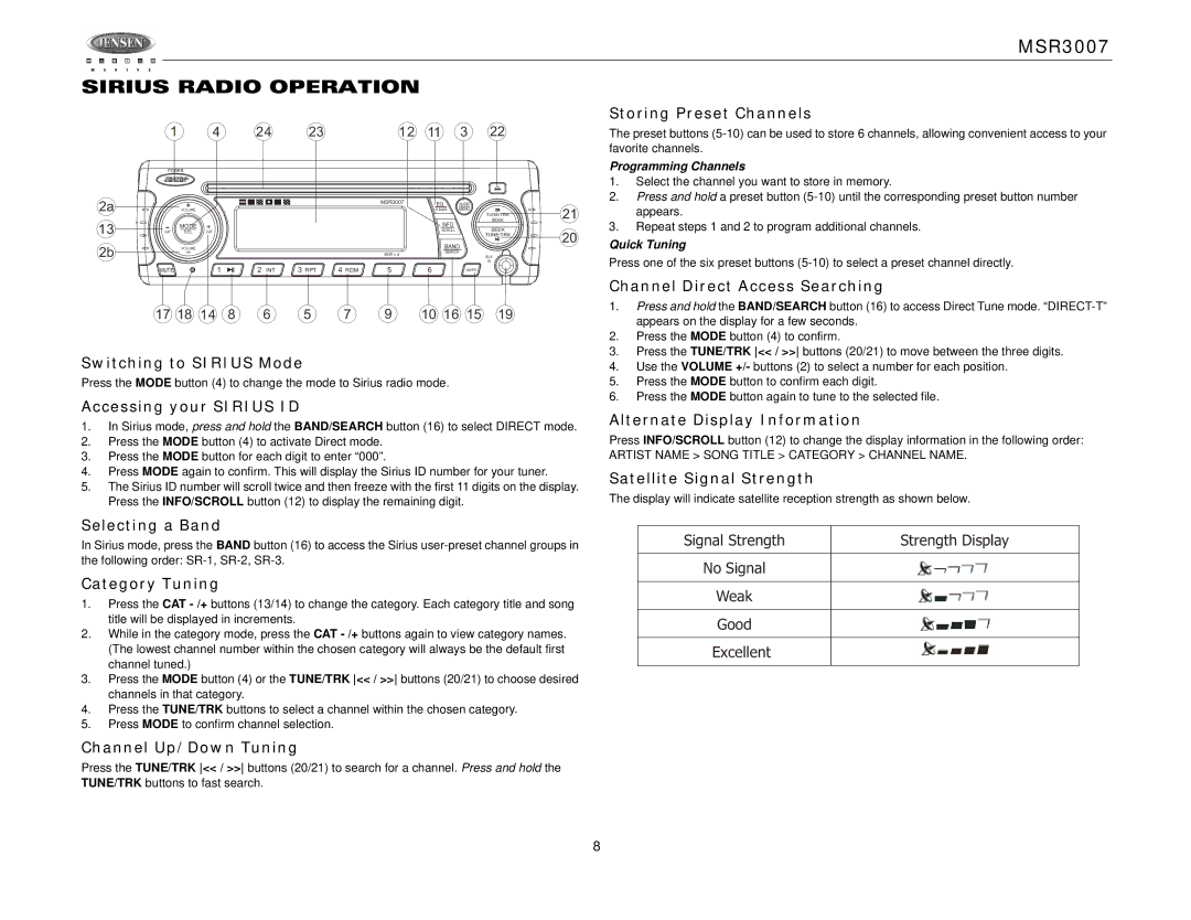 Jensen MSR3007 operation manual Sirius Radio Operation 