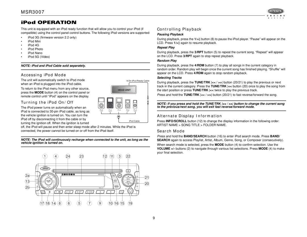 Jensen MSR3007 Controlling Playback, Accessing iPod Mode, Turning the iPod On/Off, Search Mode, Pausing Playback 