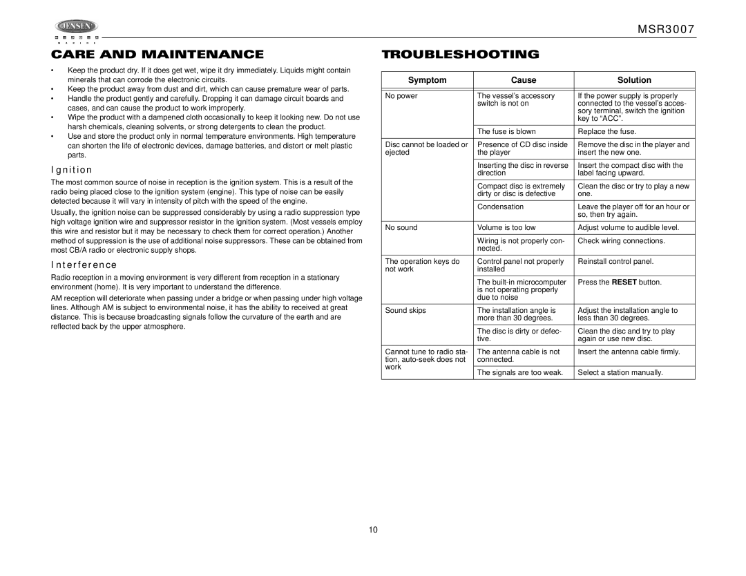 Jensen MSR3007 operation manual Care and Maintenance Troubleshooting, Ignition, Interference 