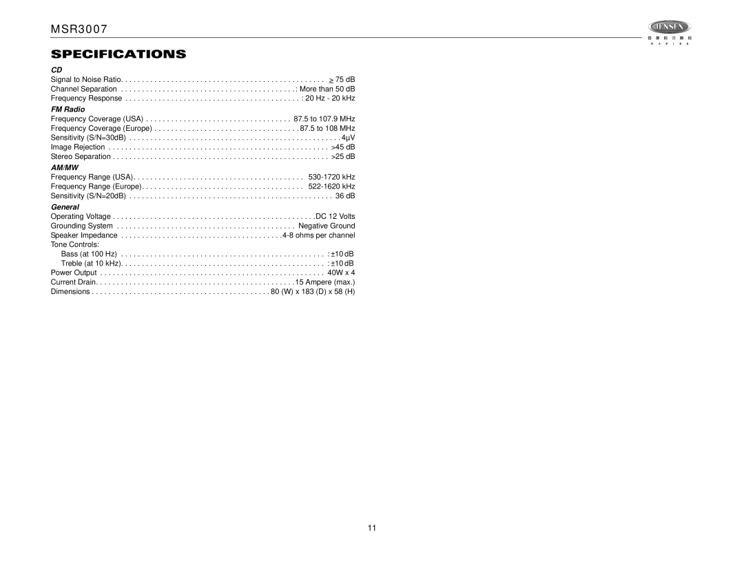 Jensen MSR3007 operation manual Specifications, FM Radio, General 