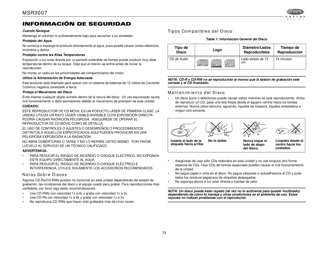 Jensen MSR3007 Información DE Seguridad, Tipos Compatibles del Disco, Notas Sobre Discos, Mantenimiento del Disco 