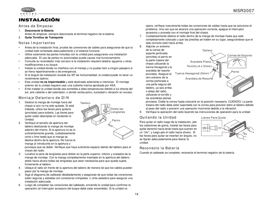 Jensen MSR3007 Instalación, Antes de Empezar, Notas Importantes, Montaje Delantero de DIN, Reconecte la Batería 