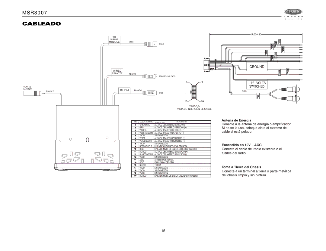 Jensen MSR3007 operation manual Cableado, Vista A-A 