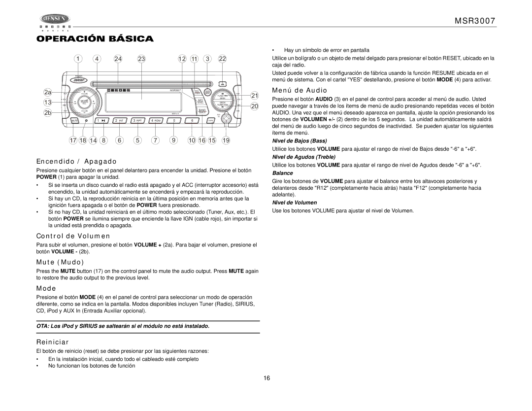 Jensen MSR3007 operation manual Operación Básica 