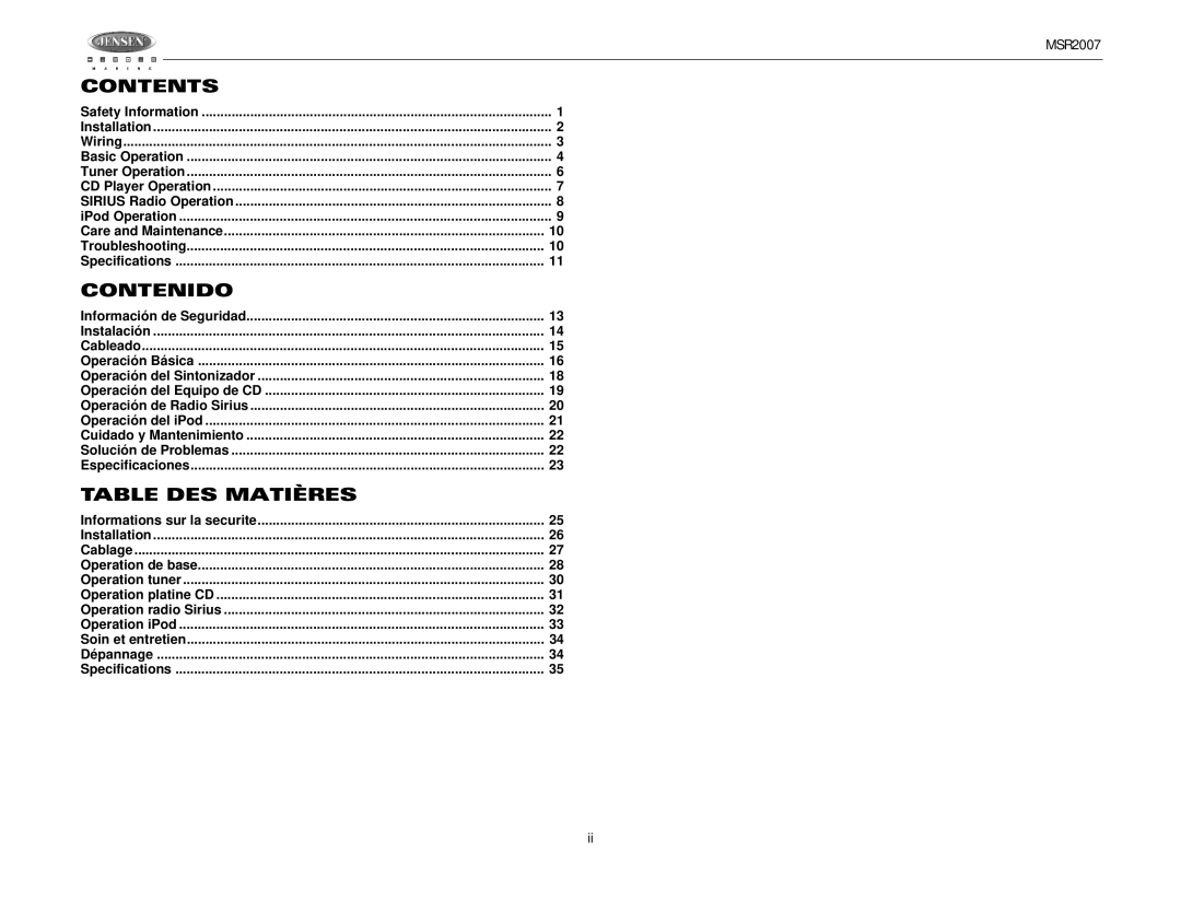 Jensen MSR3007 operation manual Contents, Contenido, Table DES Matières 