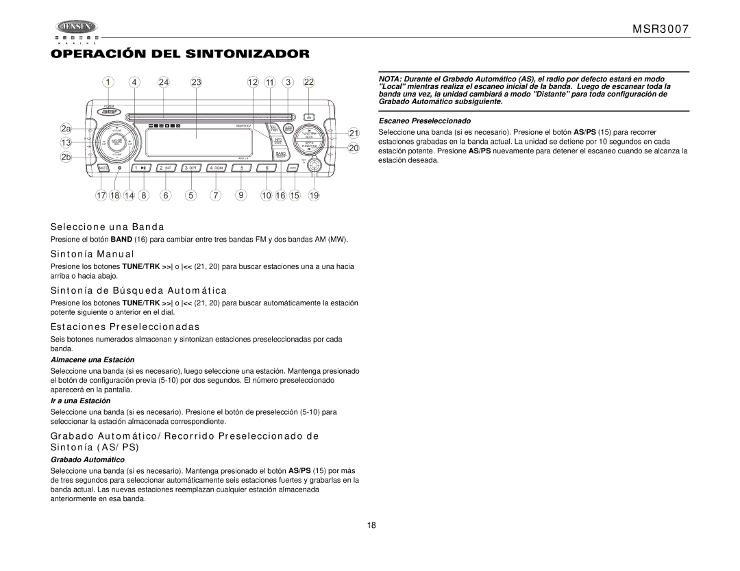 Jensen MSR3007 Operación DEL Sintonizador, Seleccione una Banda, Sintonía Manual, Sintonía de Búsqueda Automática 