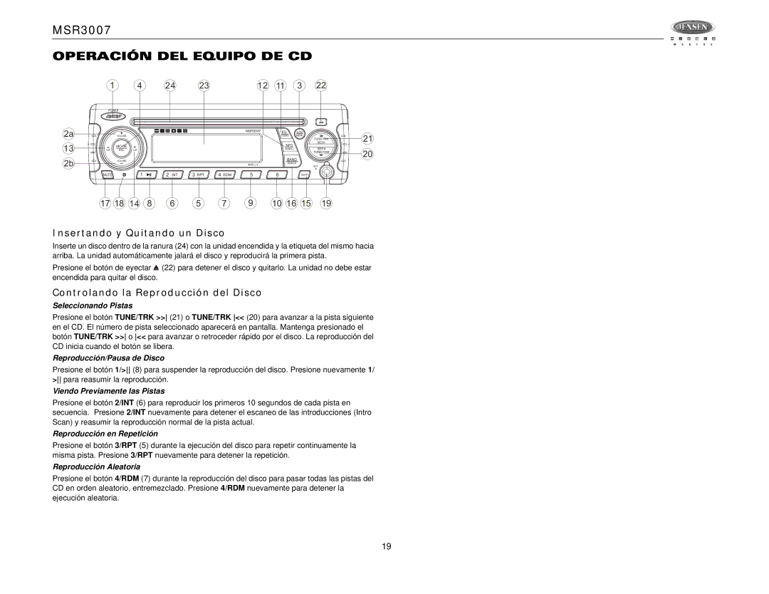 Jensen MSR3007 Operación DEL Equipo DE CD, Insertando y Quitando un Disco, Controlando la Reproducción del Disco 