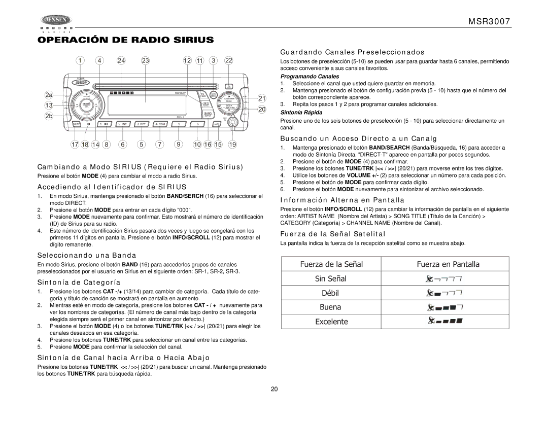 Jensen MSR3007 operation manual Operación DE Radio Sirius 