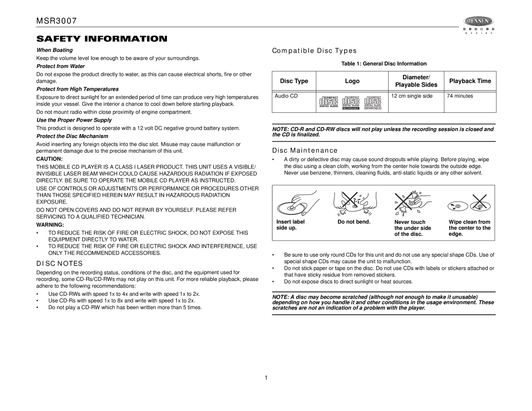 Jensen MSR3007 operation manual Safety Information, Compatible Disc Types, Disc Maintenance 