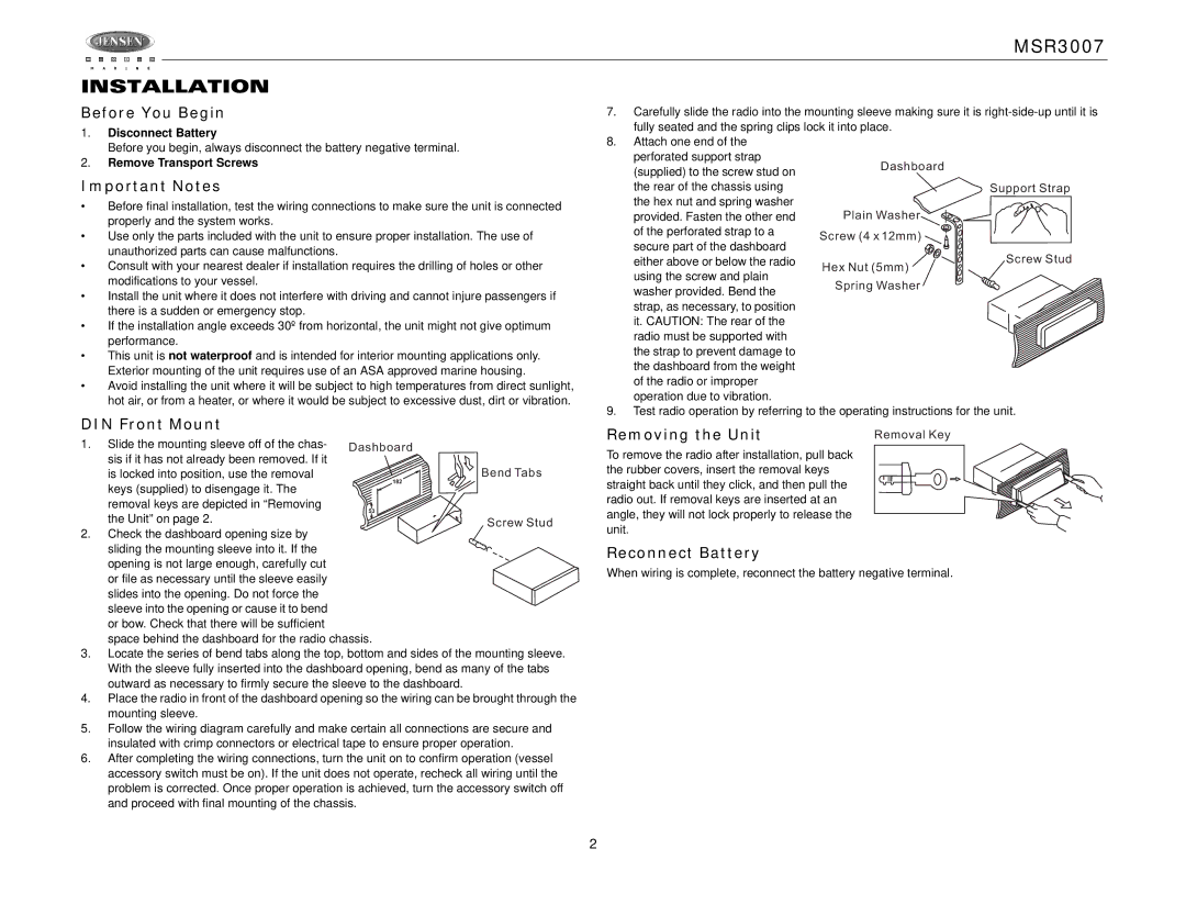 Jensen MSR3007 operation manual Installation, Before You Begin, Important Notes, DIN Front Mount, Reconnect Battery 