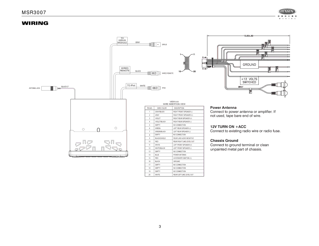 Jensen MSR3007 operation manual Wiring, View A-A Wire Insertion View 