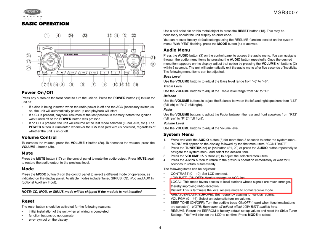 Jensen MSR3007 operation manual Audio Menu, Power On/Off, Volume Control, Mute, Mode, Reset, System Menu 