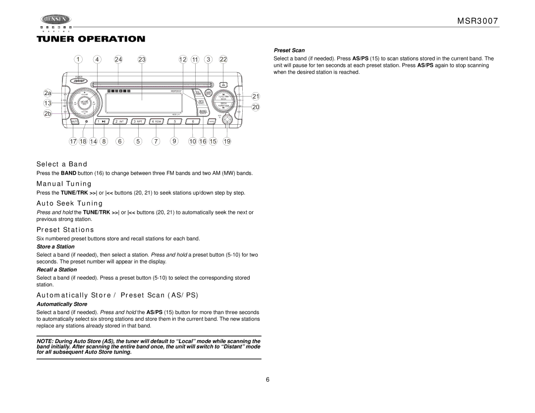 Jensen MSR3007 operation manual Tuner Operation 