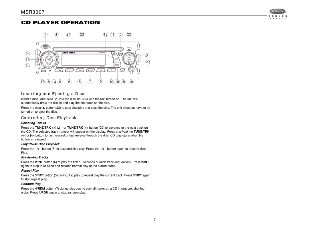 Jensen MSR3007 operation manual CD Player Operation, Inserting and Ejecting a Disc, Controlling Disc Playback 