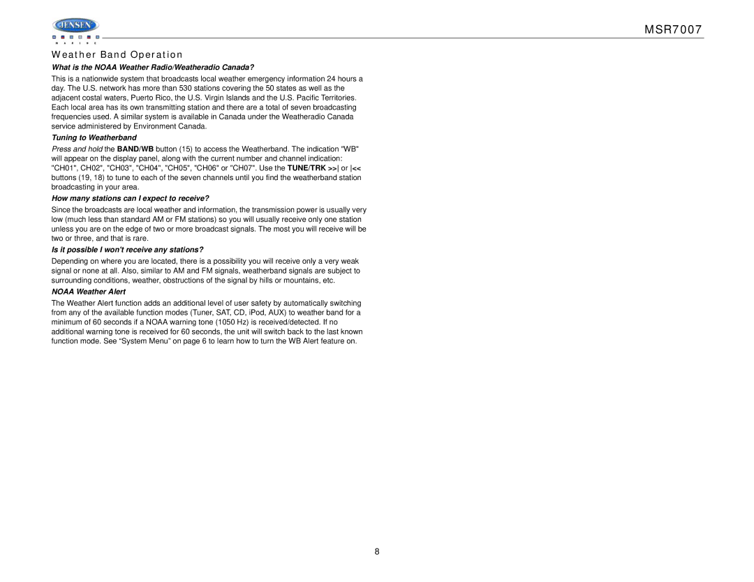 Jensen MSR7007 operation manual Weather Band Operation 