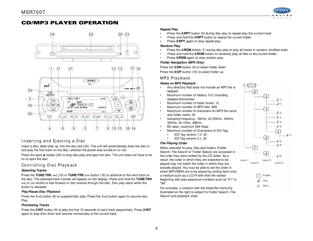 Jensen MSR7007 CD/MP3 Player Operation, Inserting and Ejecting a Disc, Controlling Disc Playback, MP3 Playback 